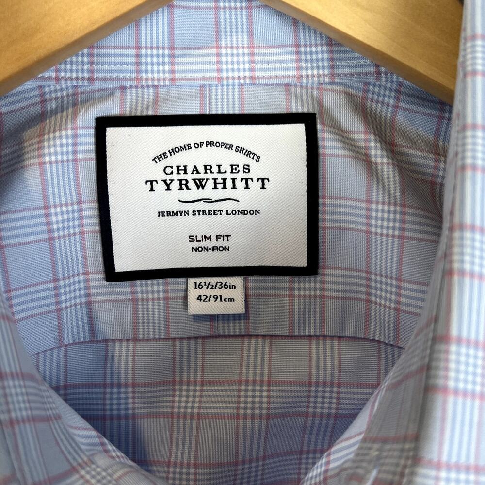 Charles Tyrwhitt Blue Pink Mens 16.5-36 Plaid Non-Iron Slim‎ Fit Dress Shirt - Picture 2 of 5